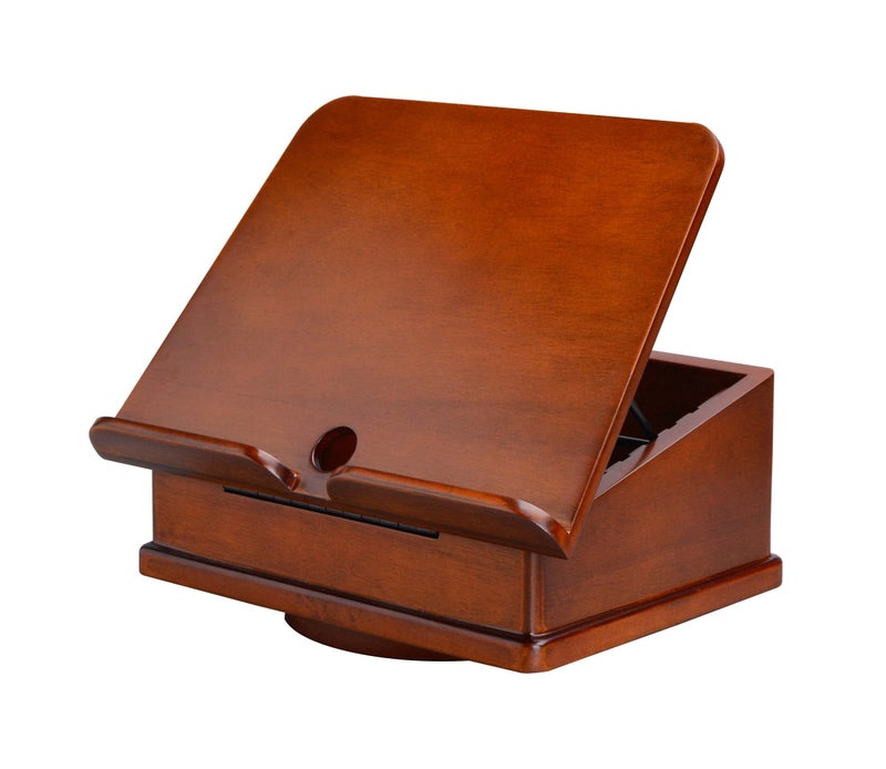 Art Lins Wooden Book Stand for Cookbook Textbook and Tablet, Adjustable Angles, Spacious Storage Case, Carousel Base (Dark Cherry) - Image 1